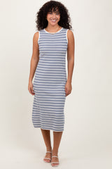 Navy Striped Knit Sleeveless Midi Dress