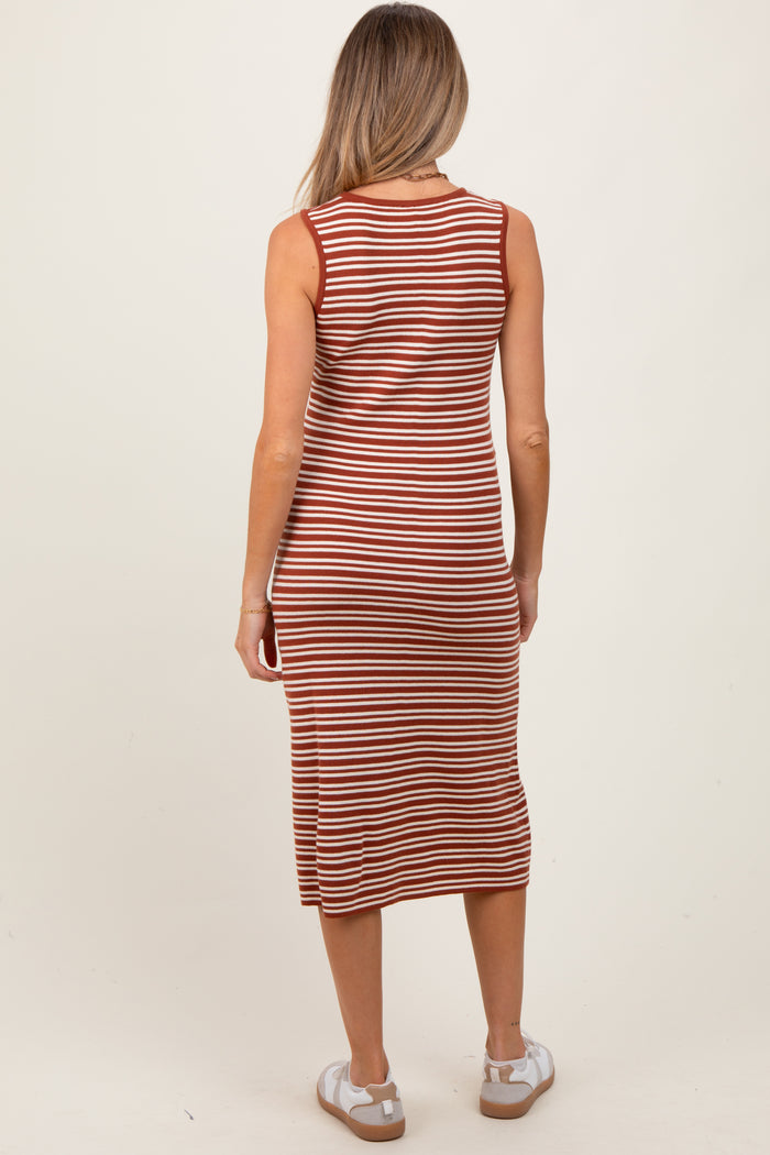 Rust Striped Knit Sleeveless Maternity Midi Dress