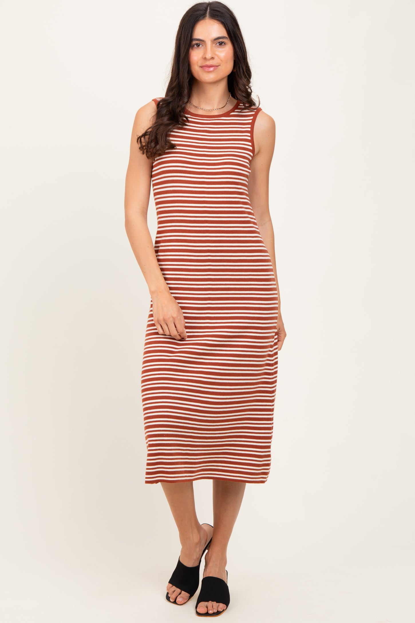 Rust Striped Knit Sleeveless Midi Dress