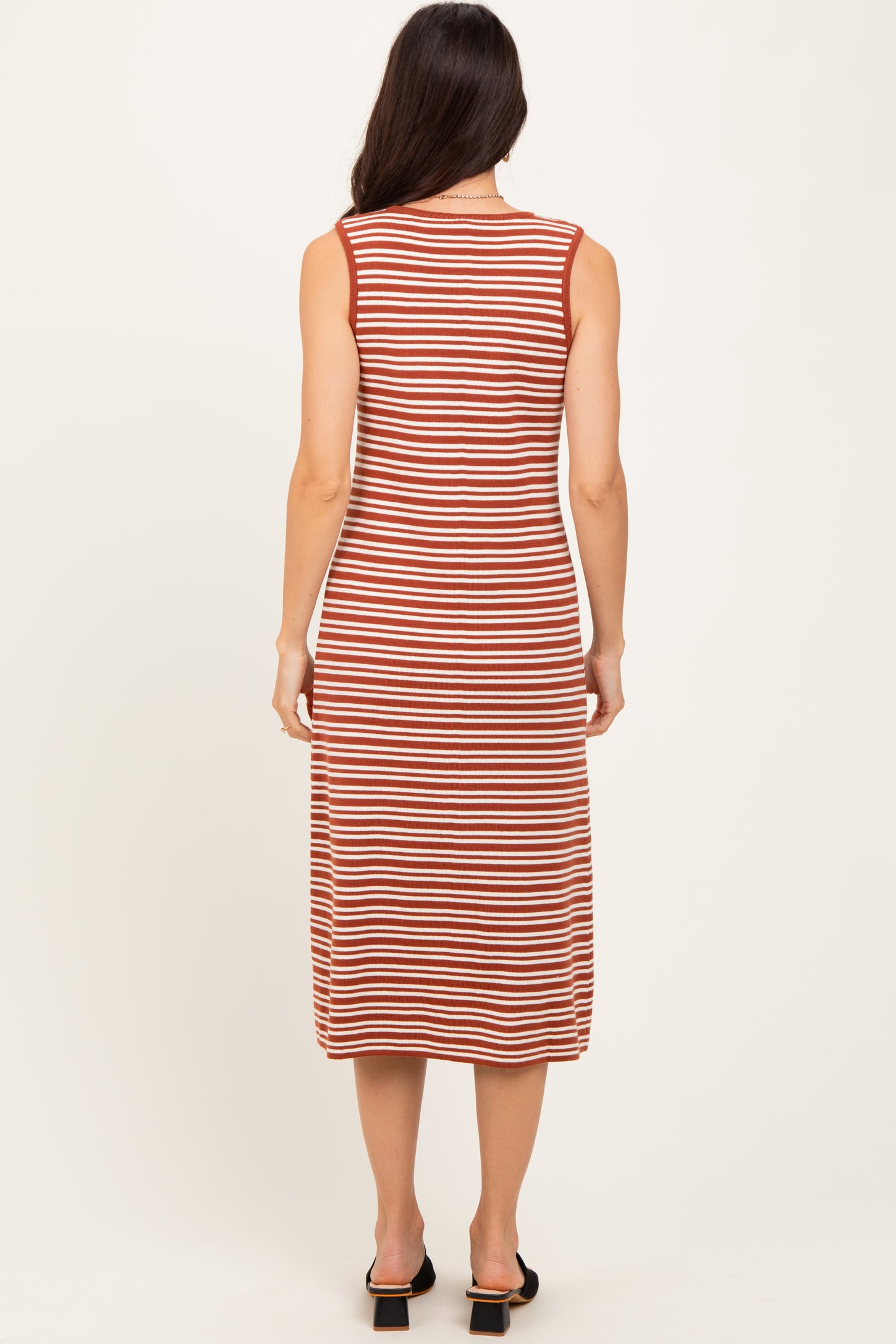 Rust Striped Knit Sleeveless Midi Dress