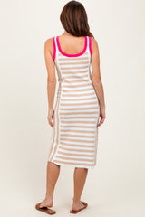 Taupe Mixed Stripe Ribbed Knit Sleeveless Midi Dress
