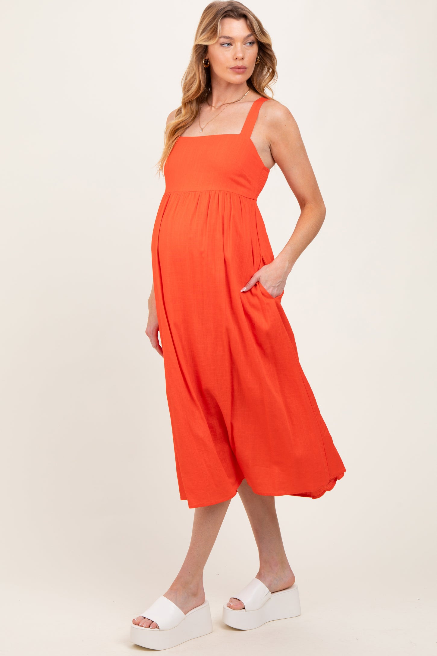 Orange Linen Blend Square Neck Maternity Midi Dress