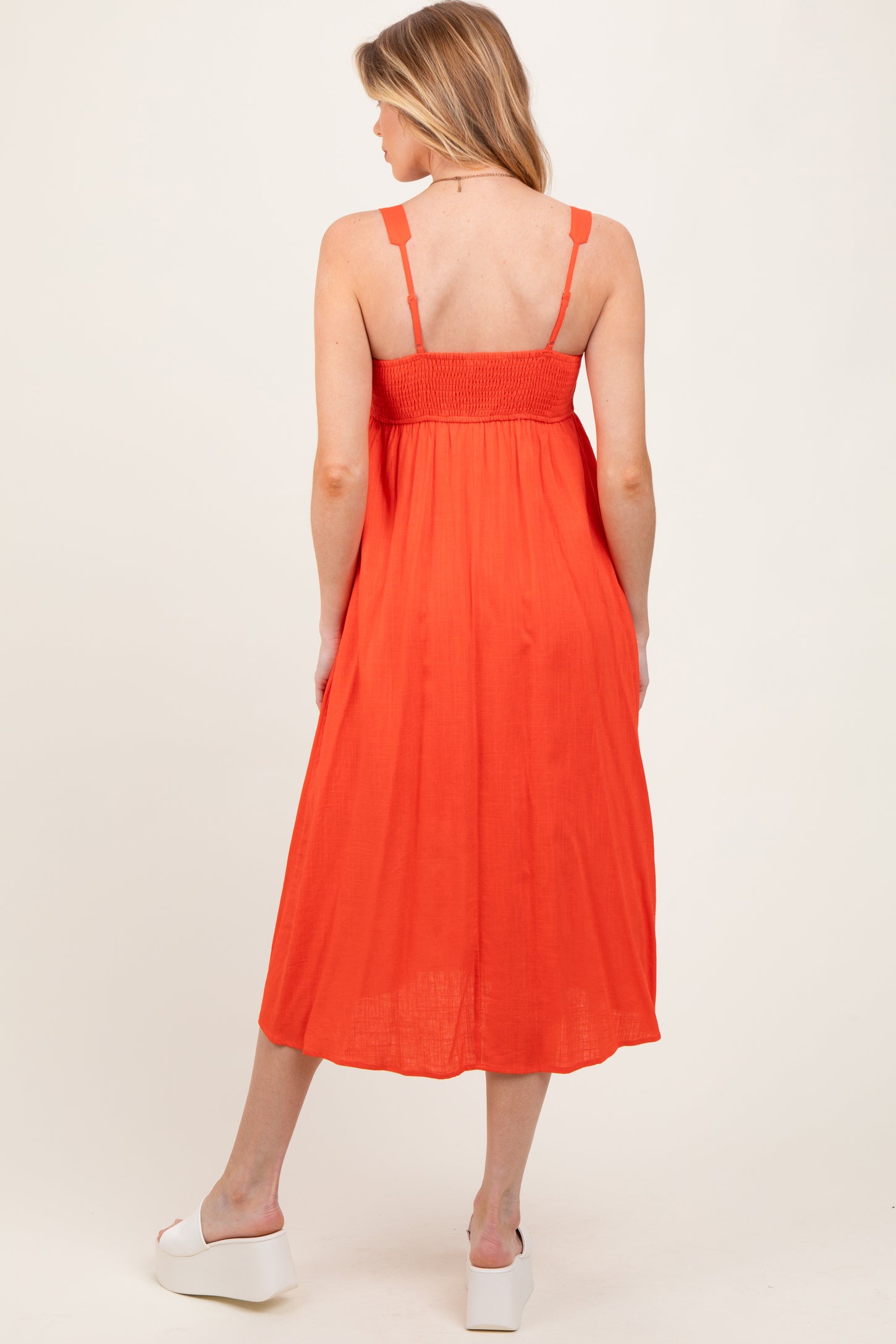 Orange Linen Blend Square Neck Maternity Midi Dress