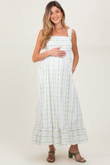 Blue Floral Smocked Sleeveless Maternity Maxi Dress