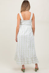 Blue Floral Smocked Sleeveless Maternity Maxi Dress