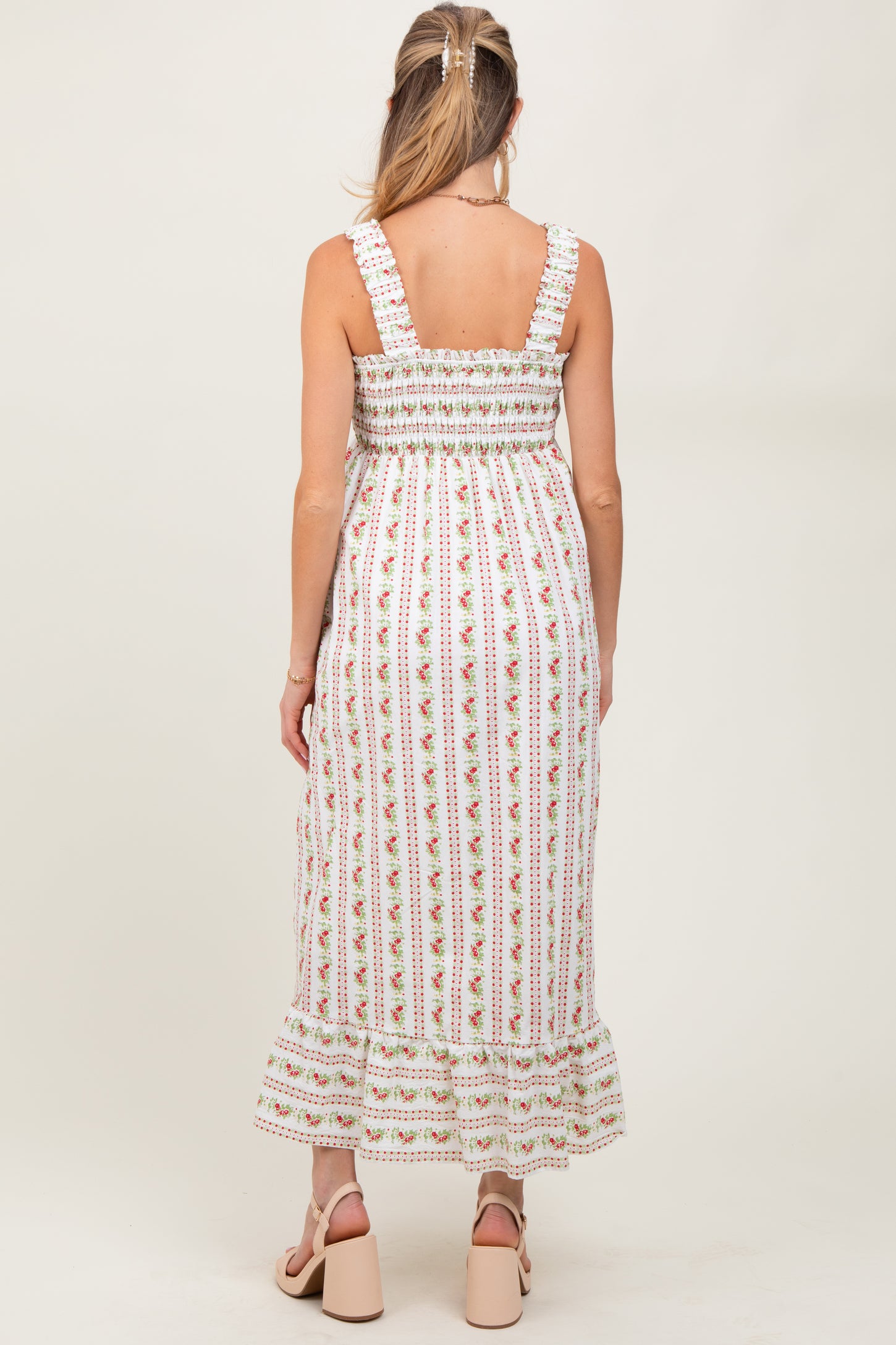 Red Floral Smocked Sleeveless Maternity Maxi Dress