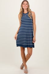 Navy Ribbed Pleated Knit Sleeveless Mini Dress