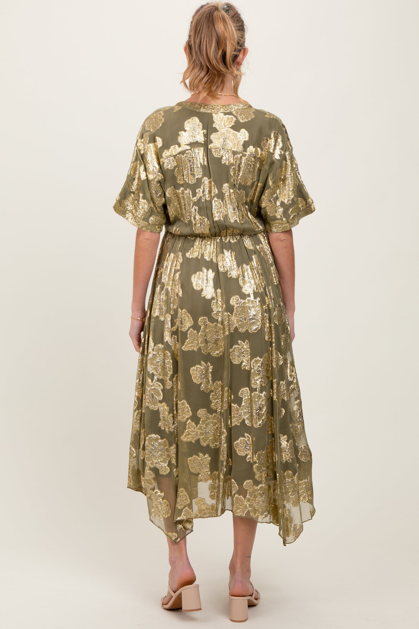 Olive Metallic Floral Jacquard Overlay Maternity Maxi Dress