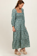 Light Olive Floral Smocked Square Neck Maxi Dress