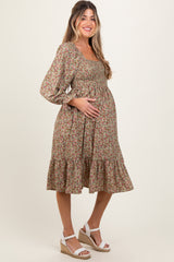 Olive Floral Smocked Velvet Back Tie Maternity Midi Dress