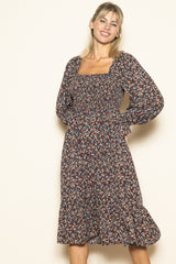 Black Floral Smocked Velvet Back Tie Midi Dress