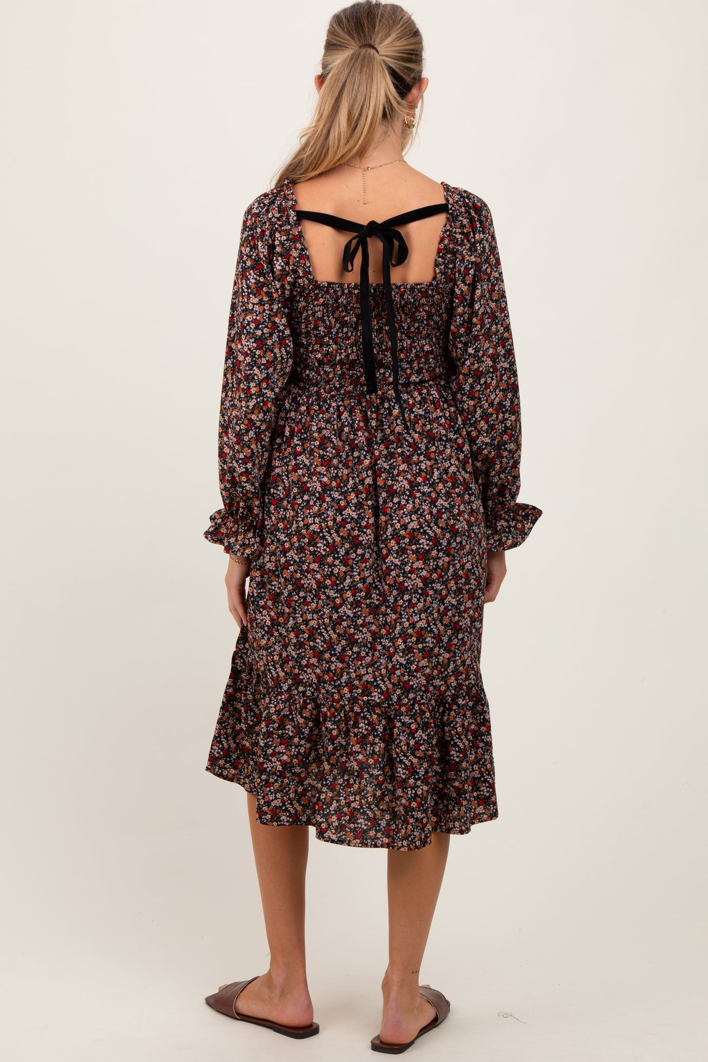 Black Floral Smocked Velvet Back Tie Maternity Midi Dress