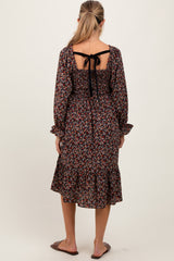 Black Floral Smocked Velvet Back Tie Maternity Midi Dress