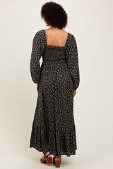 Black Floral Smocked Lace Trim Sweetheart Maxi Dress