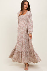 Pink Floral Smocked Lace Trim Sweetheart Maternity Maxi Dress
