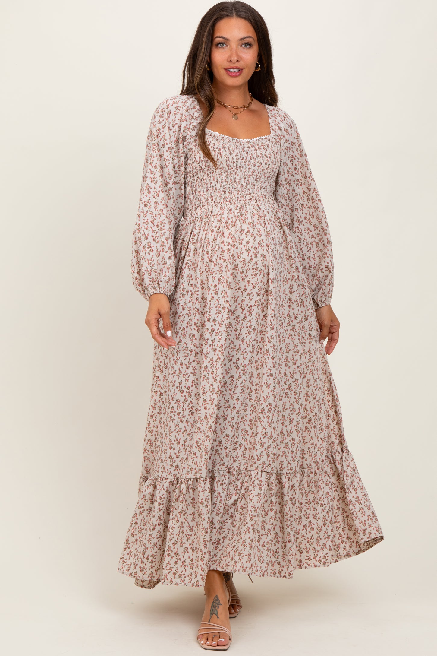 Pink Floral Smocked Lace Trim Sweetheart Maternity Maxi Dress