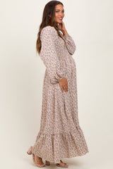 Pink Floral Smocked Lace Trim Sweetheart Maternity Maxi Dress