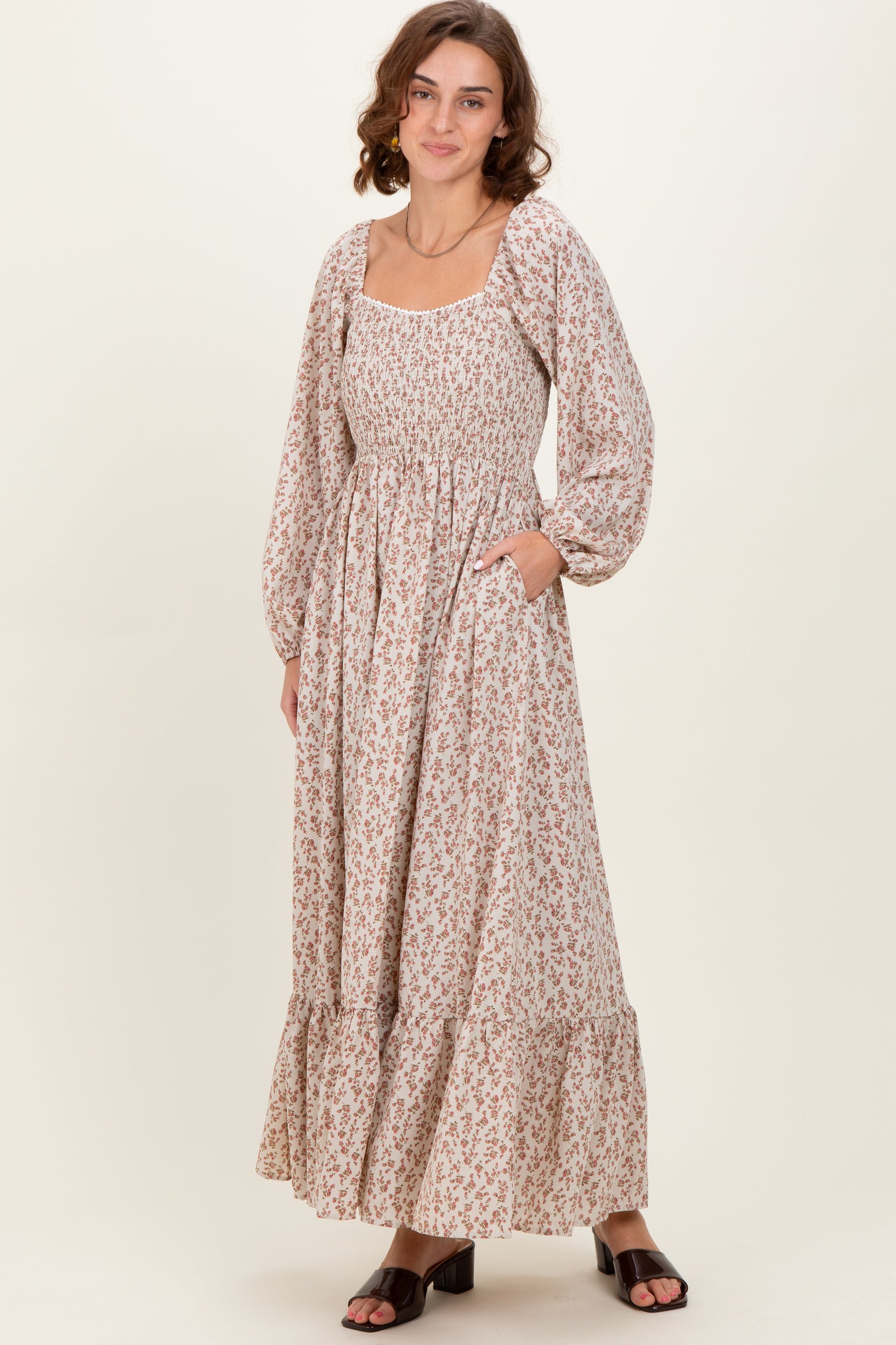 Pink Floral Smocked Lace Trim Sweetheart Maxi Dress