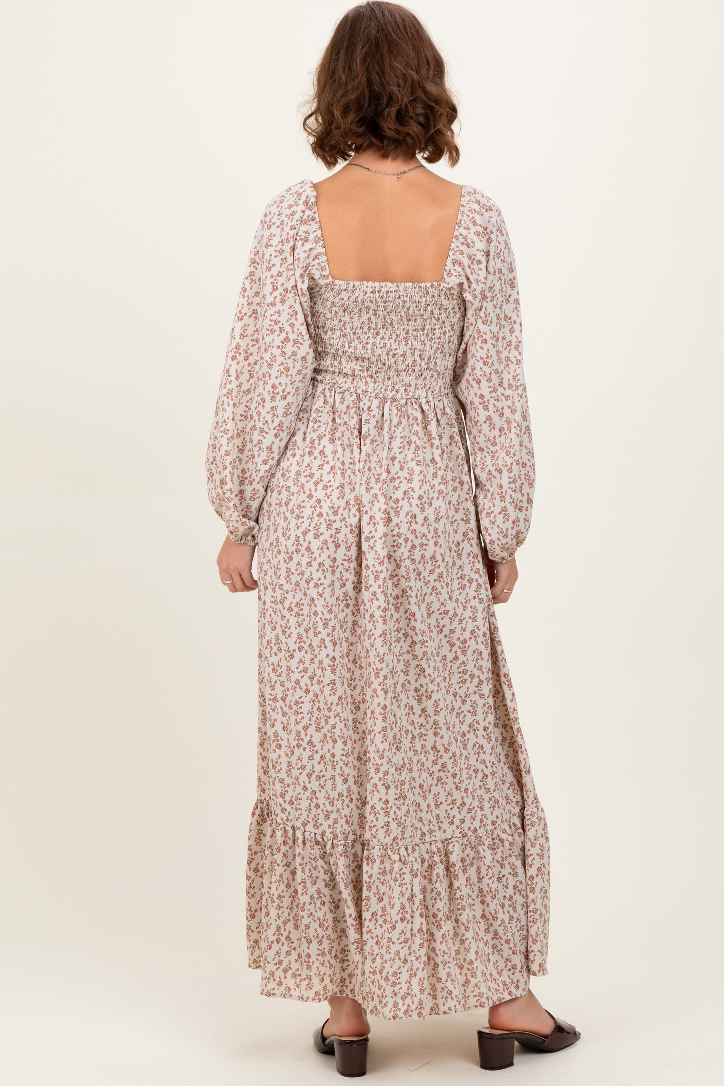 Pink Floral Smocked Lace Trim Sweetheart Maxi Dress