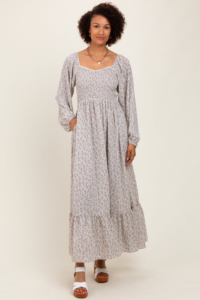 Lavender Floral Smocked Lace Trim Sweetheart Maternity Maxi Dress