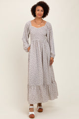 Lavender Floral Smocked Lace Trim Sweetheart Maternity Maxi Dress