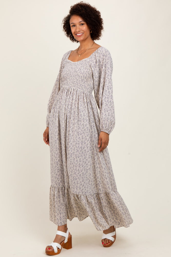 Lavender Floral Smocked Lace Trim Sweetheart Maxi Dress