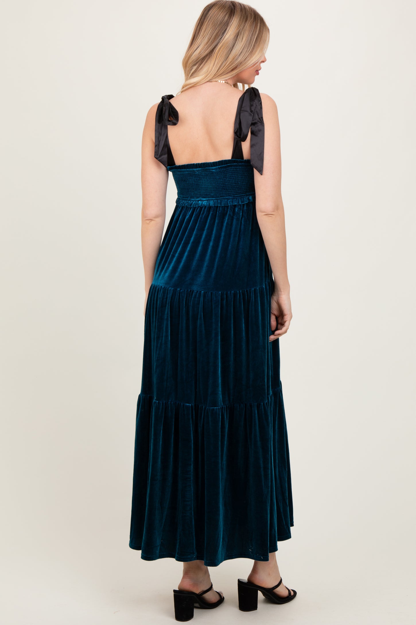 Deep Teal Velvet Smocked Satin Shoulder Tie Maxi Dress