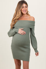 Light Olive Off Shoulder Balloon Sleeve Maternity Mini Sweater Dress