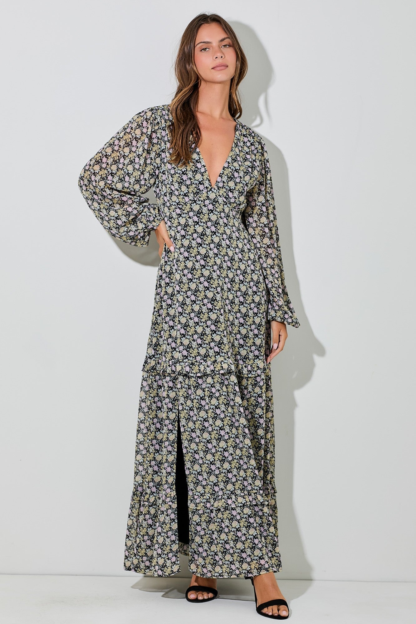 Black Floral Chiffon V-Neck Ruffle Tiered Maternity Maxi Dress