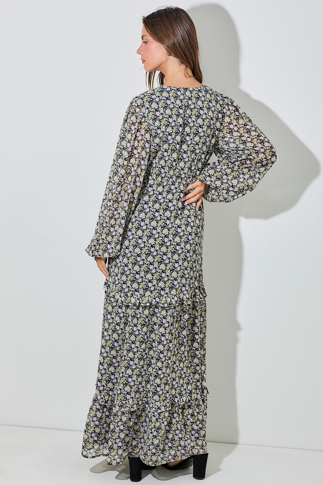 Black Floral Chiffon V-Neck Ruffle Tiered Maxi Dress