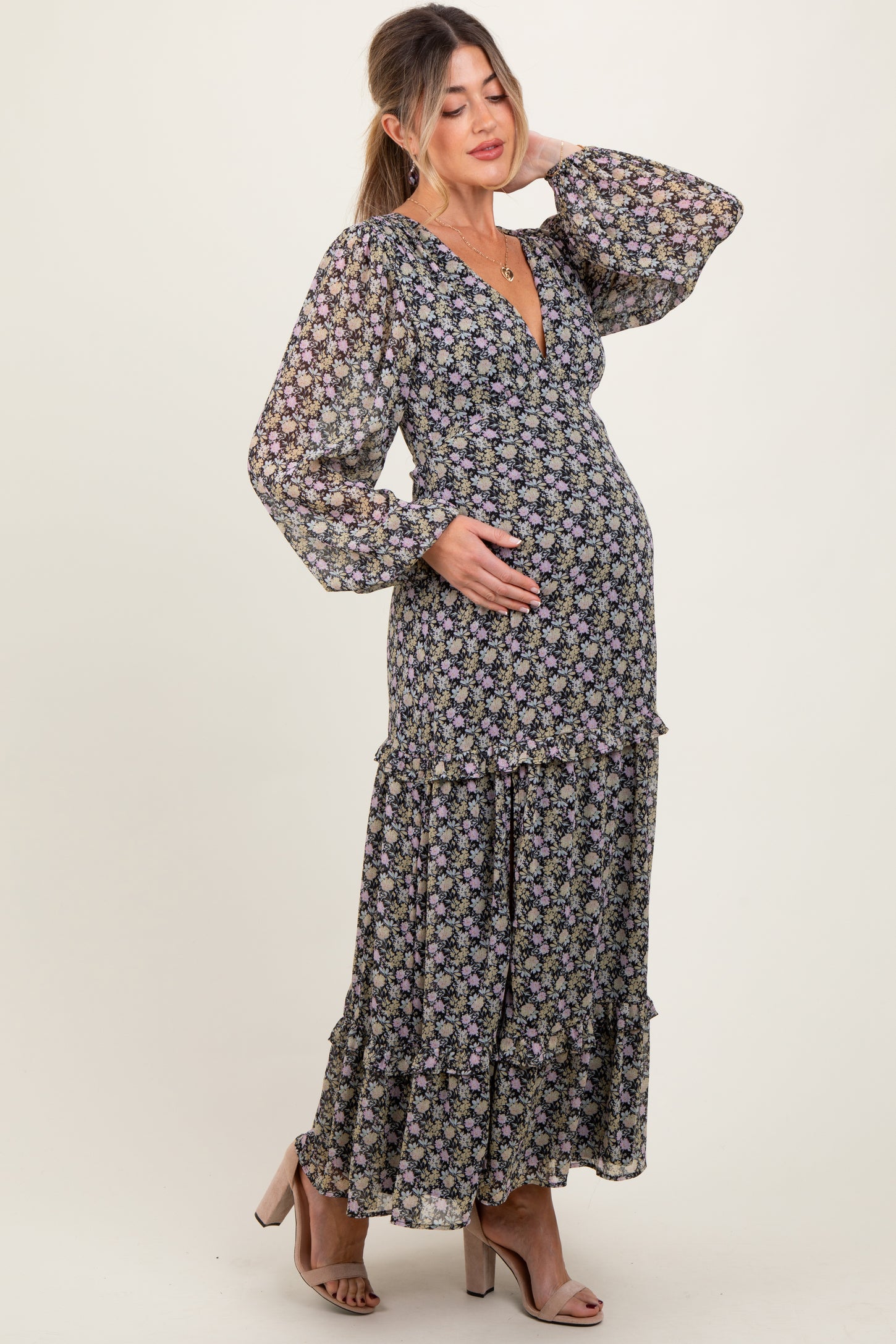 Black Floral Chiffon V-Neck Ruffle Tiered Maternity Maxi Dress