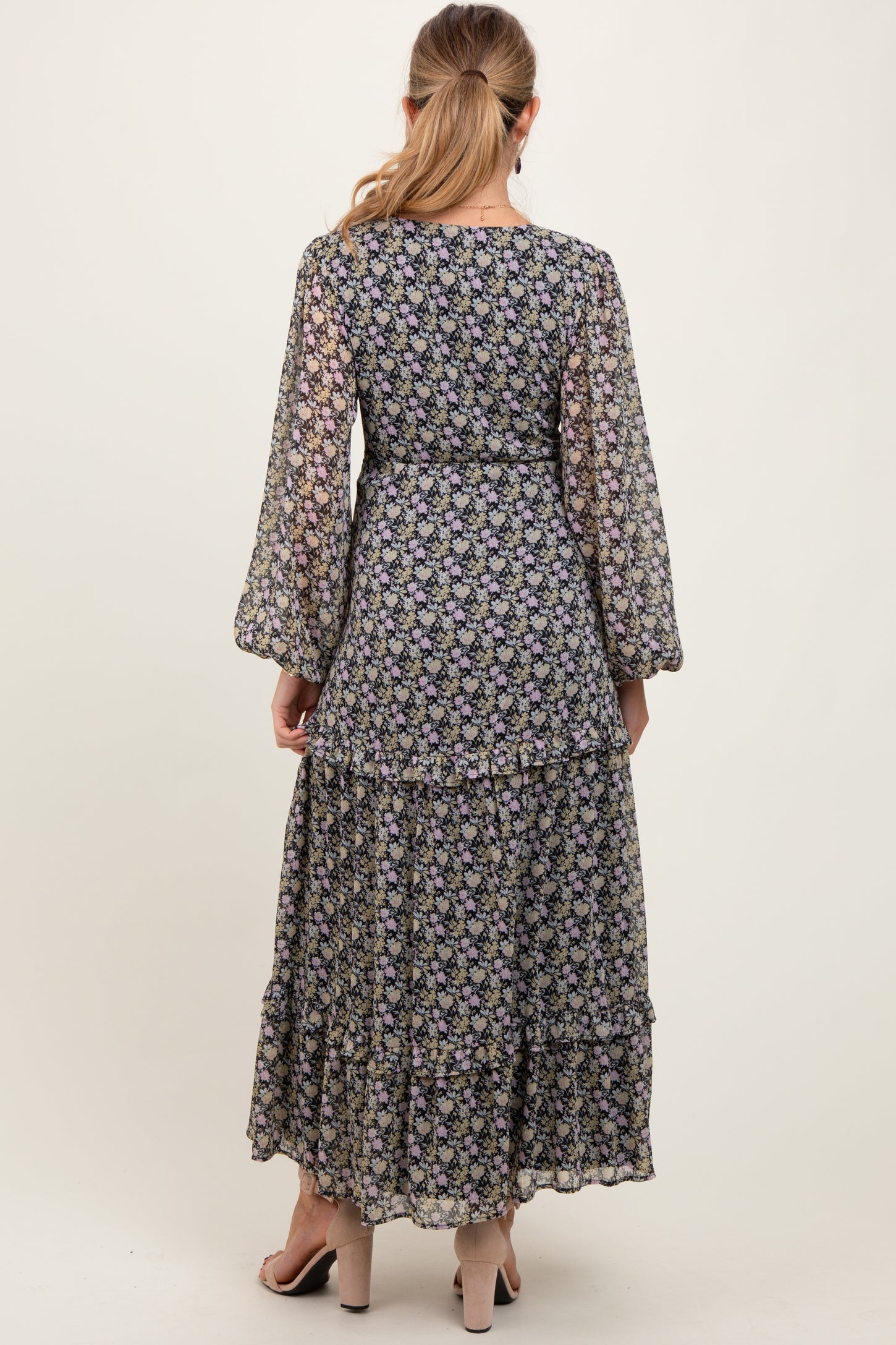 Black Floral Chiffon V-Neck Ruffle Tiered Maternity Maxi Dress