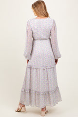 Ivory Floral Chiffon V-Neck Ruffle Tiered Maternity Maxi Dress