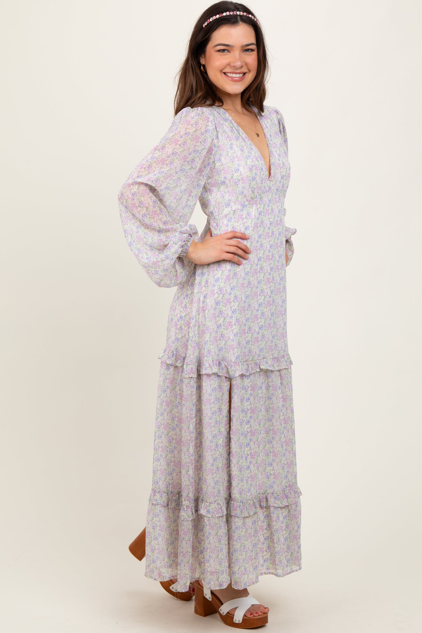 Ivory Floral Chiffon V-Neck Ruffle Tiered Maxi Dress