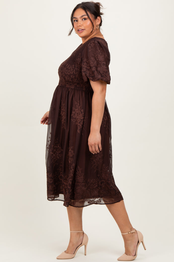 Brown Floral Embroidered Mesh Overlay Smocked Plus Midi Dress