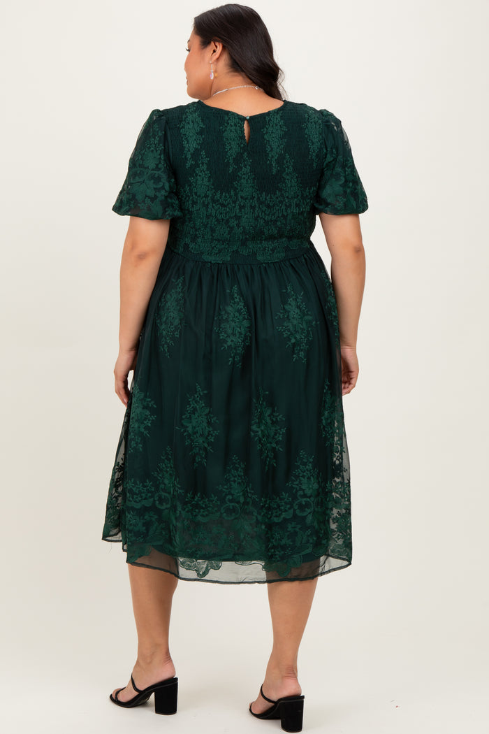 Forest Green Floral Embroidered Mesh Overlay Smocked Plus Midi Dress