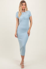 Light Blue Ruched Bust Short Sleeve Maternity Maxi Dress