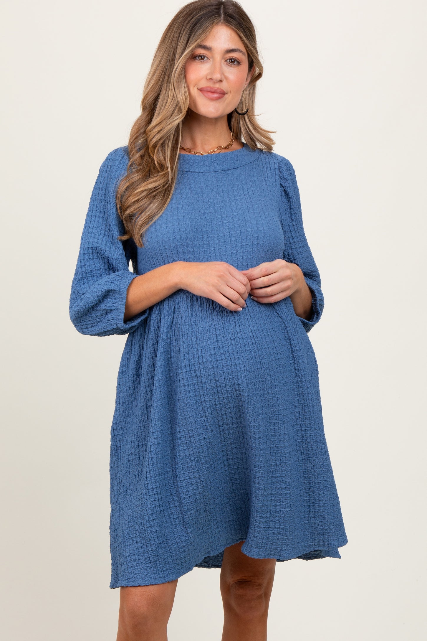 Blue Knit Ruffle Trim Maternity Dress