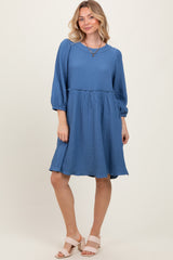 Blue Knit Ruffle Trim Maternity Dress