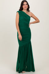 Forest Green Ruched Mesh One Shoulder Maternity Maxi Dress