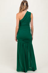 Forest Green Ruched Mesh One Shoulder Maternity Maxi Dress