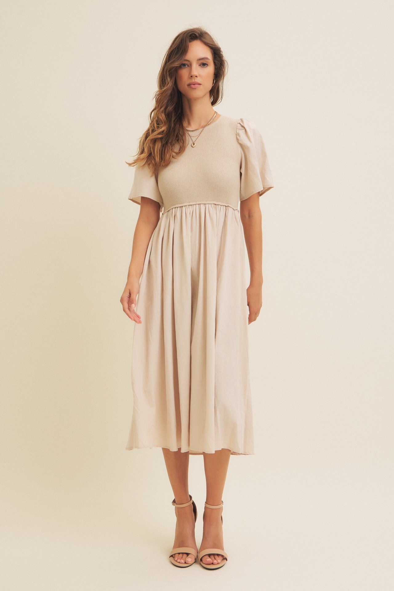 Beige Ribbed Knit Contrast Top Maternity Midi Dress