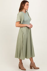 Light Olive Ribbed Knit Contrast Top Midi Dress