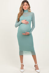 Light Olive Mesh Overlay Fitted Maternity Midi Dress