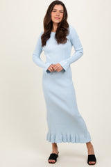 Light Blue Ribbed Knit Bow Back Maxi Dress