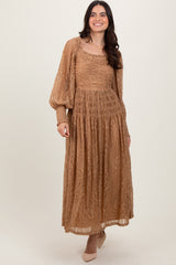 Camel Lace Smocked Bubble Sleeve Maternity Maxi Dress