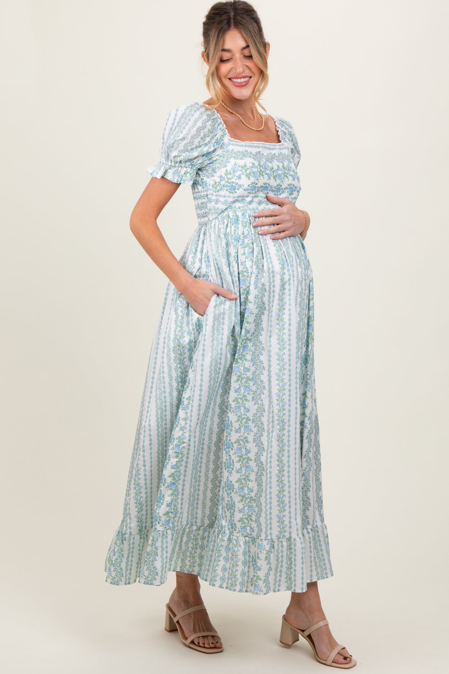 Light Blue Floral Puff Sleeve Lace Trim Maternity Maxi Dress