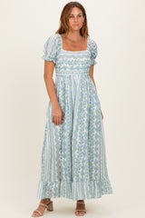 Light Blue Floral Puff Sleeve Lace Trim Maternity Maxi Dress