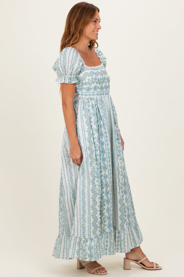 Light Blue Floral Puff Sleeve Lace Trim Maxi Dress