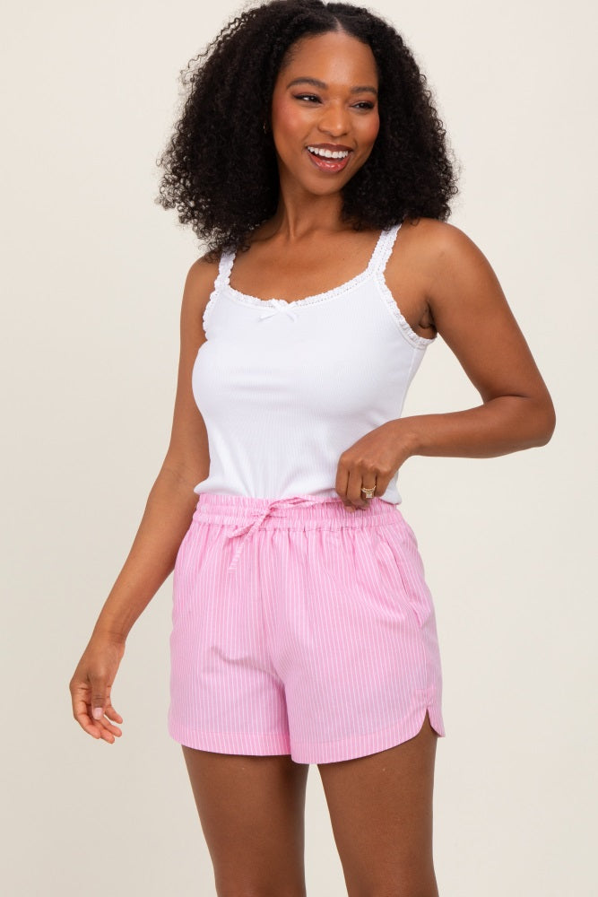 Pink Striped Round Hem Drawstring Maternity Shorts